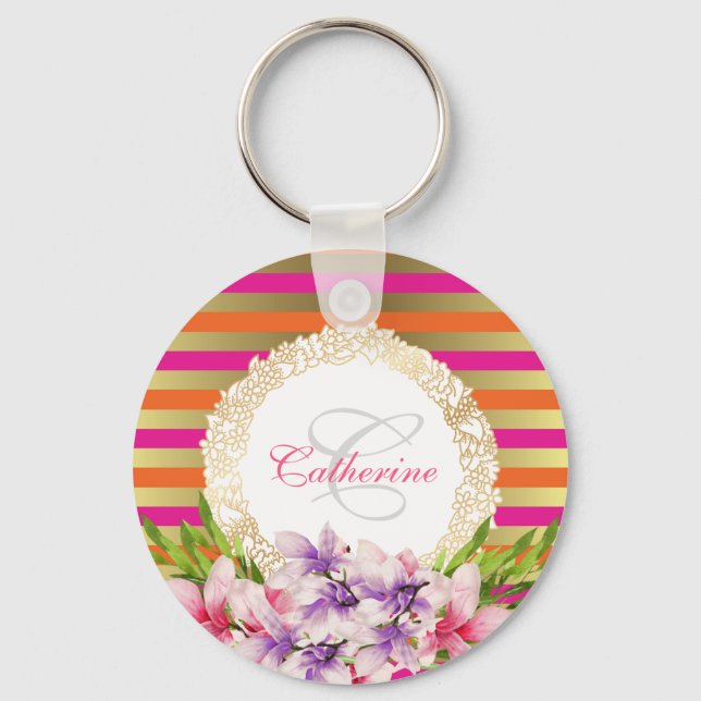 Llavero Magnolia acuarela morada y rosa personalizada (Anverso)