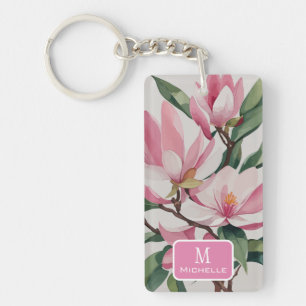 Llavero Magnolia rosa acuarela Monograma de arte moderno