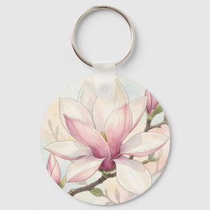 Llavero Magnolia Rosa Delicada Floración Acuarela