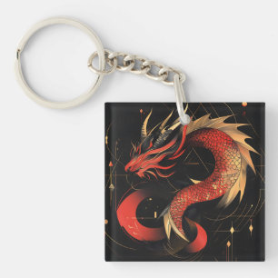 Llavero Majestuoso Arte Dragón Chino Rojo y Oro