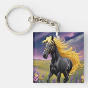 Llavero Majestuoso caballo negro con melena dorada fluida