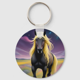 Llavero Majestuoso caballo negro con melena dorada fluida