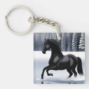 Llavero Majestuoso caballo negro que caracolea en una supe