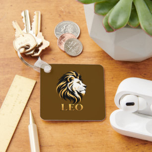 Llavero Majestuoso Leo Signo del Zodiaco León Dorado y Neg