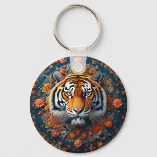 Llavero Majestuoso retrato de tigre rodeado de flores