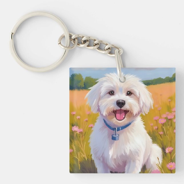 Llavero Maltese Dog | Flower Field Pet Painting (Frente)