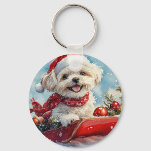 Llavero Malti Tzu Perro en Trineo Deja que Nieve Navidad
