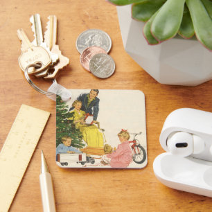 Llavero Mañana de Navidad Vintage, Familia Abriendo Regalo