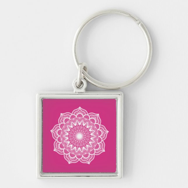 Llavero Mandala Blanca sobre Fondo Rosa (Frente)