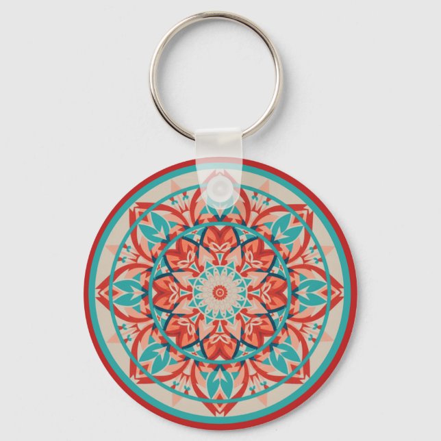 Llavero Mándala boho de naranja y turquesa   (Anverso)