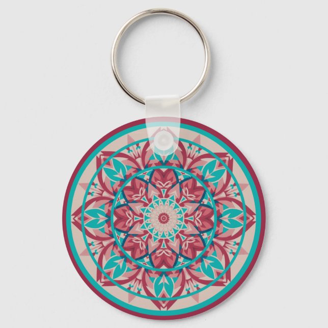 Llavero Mándala boho de rosa y turquesa (Anverso)
