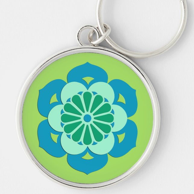 Llavero Mandala de flores de Lotus, verde limón y azul cla (Frente)