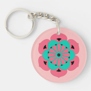 Llavero Mandala de flores Lotus, rosa coral y turquesa