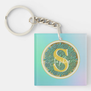 Llavero Mándala de monograma personalizado dorado y azul