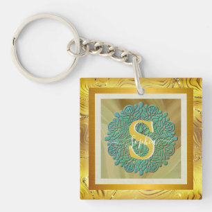 Llavero Mándala de monograma personalizado dorado y azul