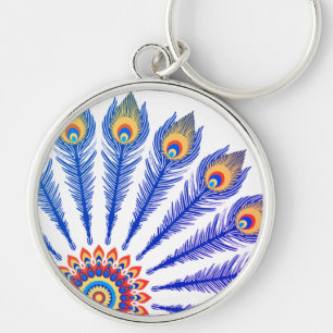 Llavero Mandala de Pluma de Pavo Real Azul - Boho 