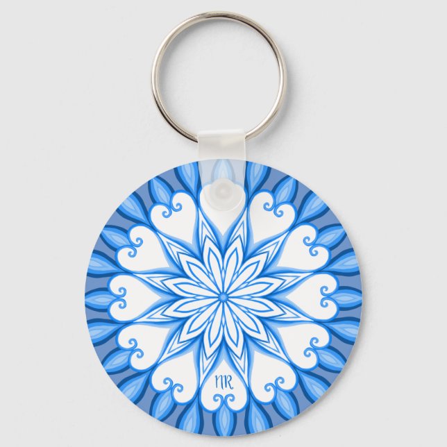 Llavero Mandala elegante estética blanca y azul monogramad (Anverso)