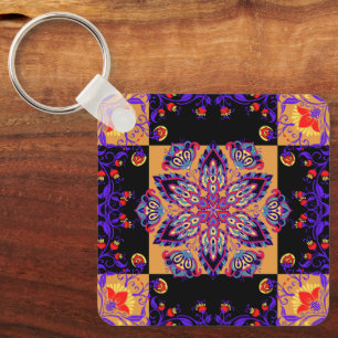 Llavero Mándala floral púrpura, naturaleza violeta