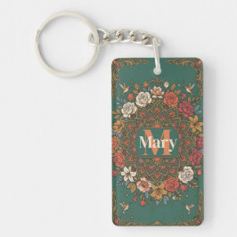 Llavero Mandalá floral turquesa vintage con colibríes y 