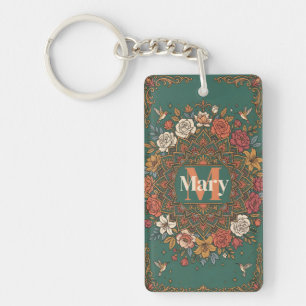 Llavero Mandalá floral turquesa vintage con colibríes y 