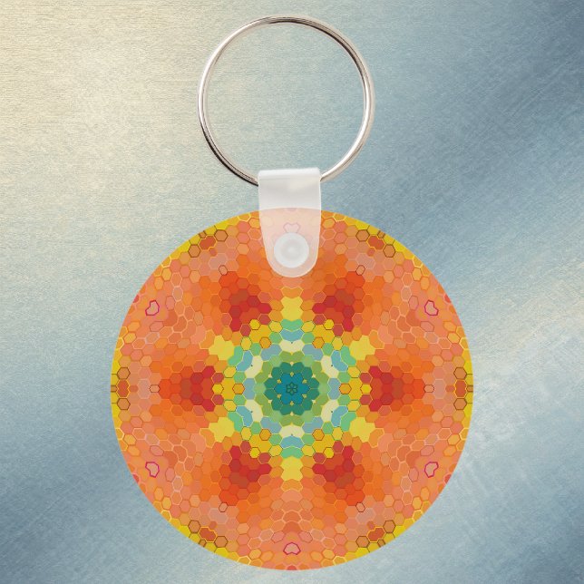 Llavero Mandalá Hexagonal Naranja Amarillo Rojo y Azul (Orange Yellow Red and Blue Hexagon Mandala Keychain by Wormhole Orbital)