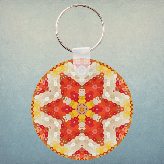 Llavero Mandalá Hexagonal Rojo y Amarillo (Red and Yellow Hexagon Mandala Keychain by Wormhole Orbital)