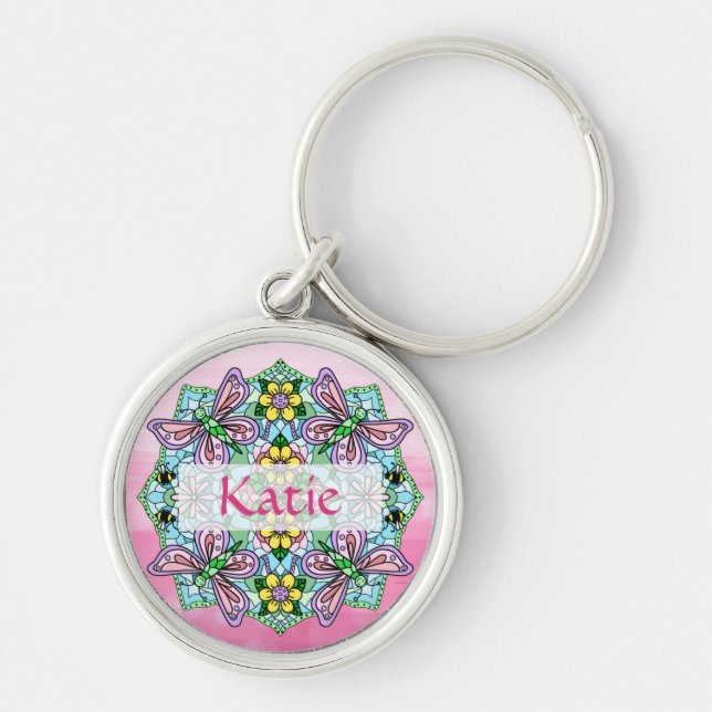 Llavero Mandala personalizada de mariposa rosa y azul (Frente)