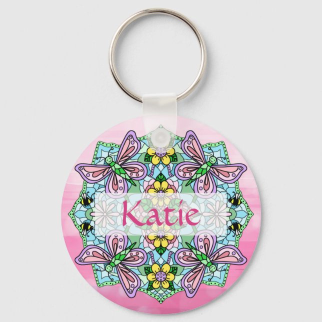 Llavero Mandala personalizada de mariposa rosa y azul (Anverso)