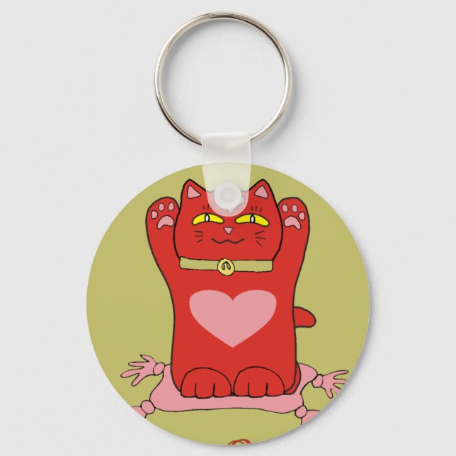 Llavero Maneki Neko Gato Rojo con Corazón (Anverso)