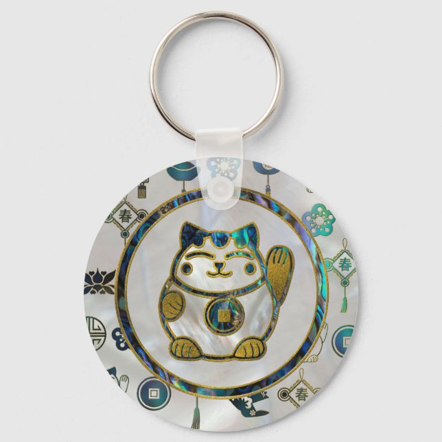 Llavero Maneki Neko Lucky cat en perlas y abulón (Anverso)