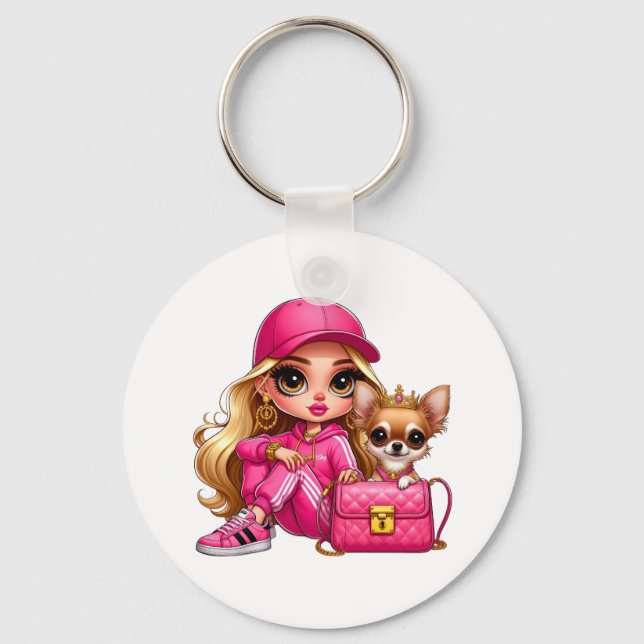 Llavero Manta de felpa de muñeca de moda rosa y cachorro (Anverso)