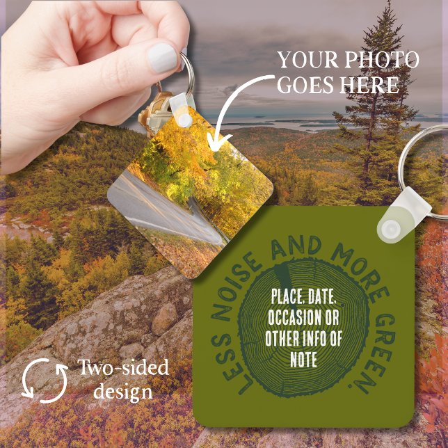 Llavero Mantén tus fotos al aire libre (Two-sided metal keychain makes a great outdoor vacation souvenir. Add your photo and custom text.)