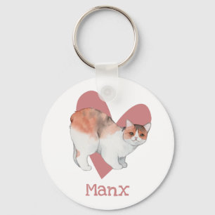 Llavero Manx Cat Watercolor Kitty Pink Heart