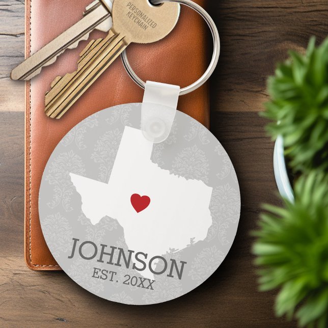 Llavero Mapa de Estado del Hogar Arte - Corazón de Texas (Personalized Keychain - Texas)