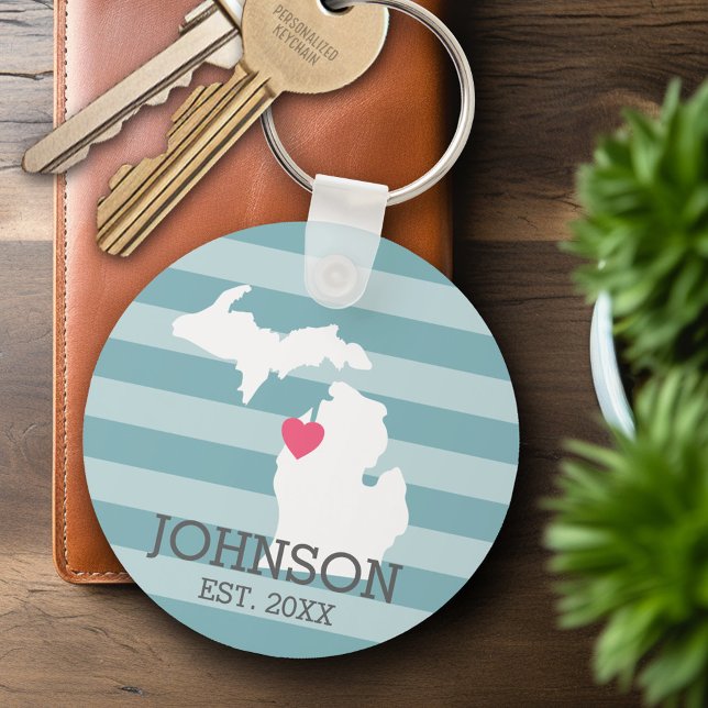 Llavero Mapa de la ciudad del estado de Michigan - Matrimo (Personalized Keychain - Michigan Wedding)