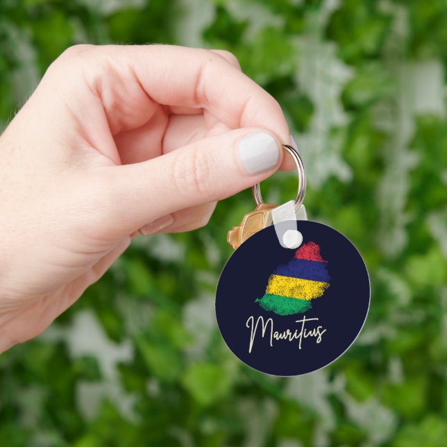 Llavero Mapa de la isla de Mauricio: Bandera de cosecha de (Mano)
