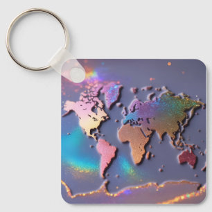 Llavero Mapa del mundo de color y llamativo Purpurina 3D