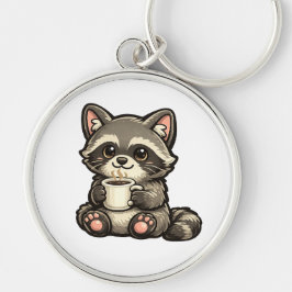 Llavero Mapache Lindo con Café – Animal Kawaii Acogedor