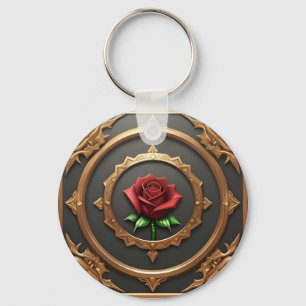 Llavero Marco Dorado Intrincado con Rosa Roja