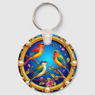 Llavero 🕊️ Marco Dorado Ornate Con Aves Coloridas