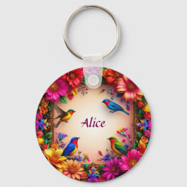 Llavero Marco floral brillante con pájaros coloridos en la