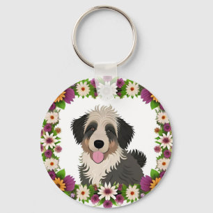 Llavero Marco floral colorido con ilustración de perro lin