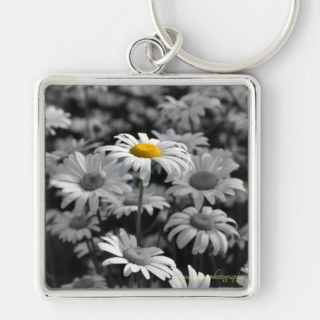 Llavero margarita amarilla en un mar de margaritas negras  (Frente)