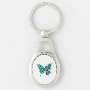 Llavero Mariposa con plumas de pavo real verde