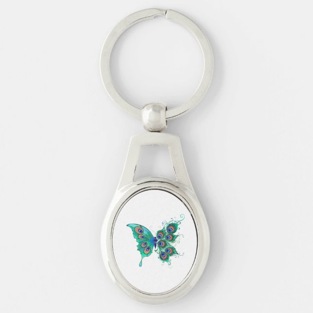 Llavero Mariposa con plumas de pavo real verde (Anverso)