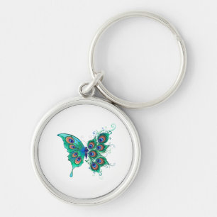 Llavero Mariposa con plumas de pavo real verde