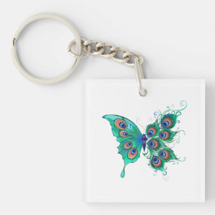 Llavero Mariposa con plumas de pavo real verde