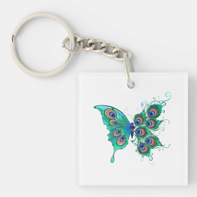 Llavero Mariposa con plumas de pavo real verde (Frente)