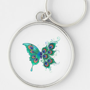 Llavero Mariposa con plumas de pavo real verde