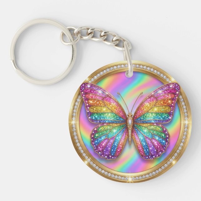 Llavero Mariposa de Brillo de Arcoíris Personalizada con N (Frente)